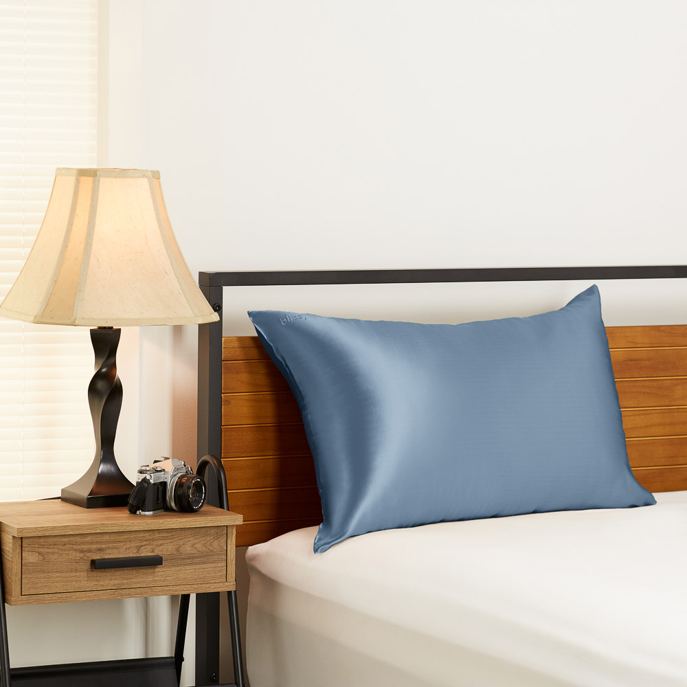 Blissy ash blue pillowcase in the bedroom