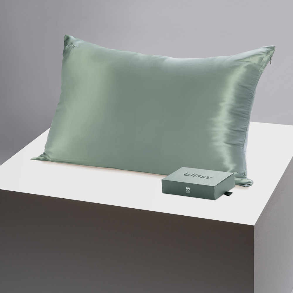 Blissy matcha pillowcase on a table