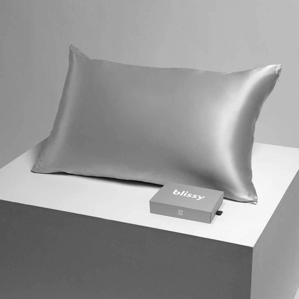 Blissy silver pillowcase on a table