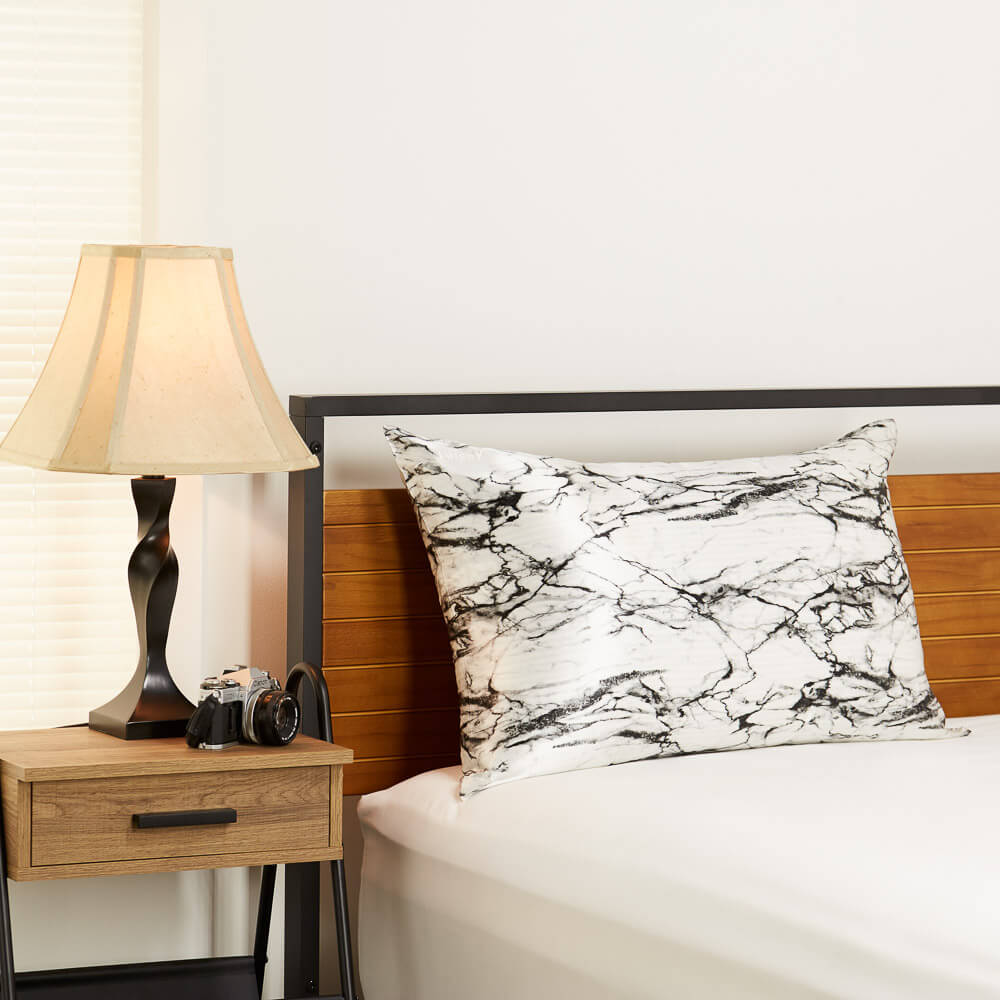 Marble Blissy silk pillowcase in a bedroom